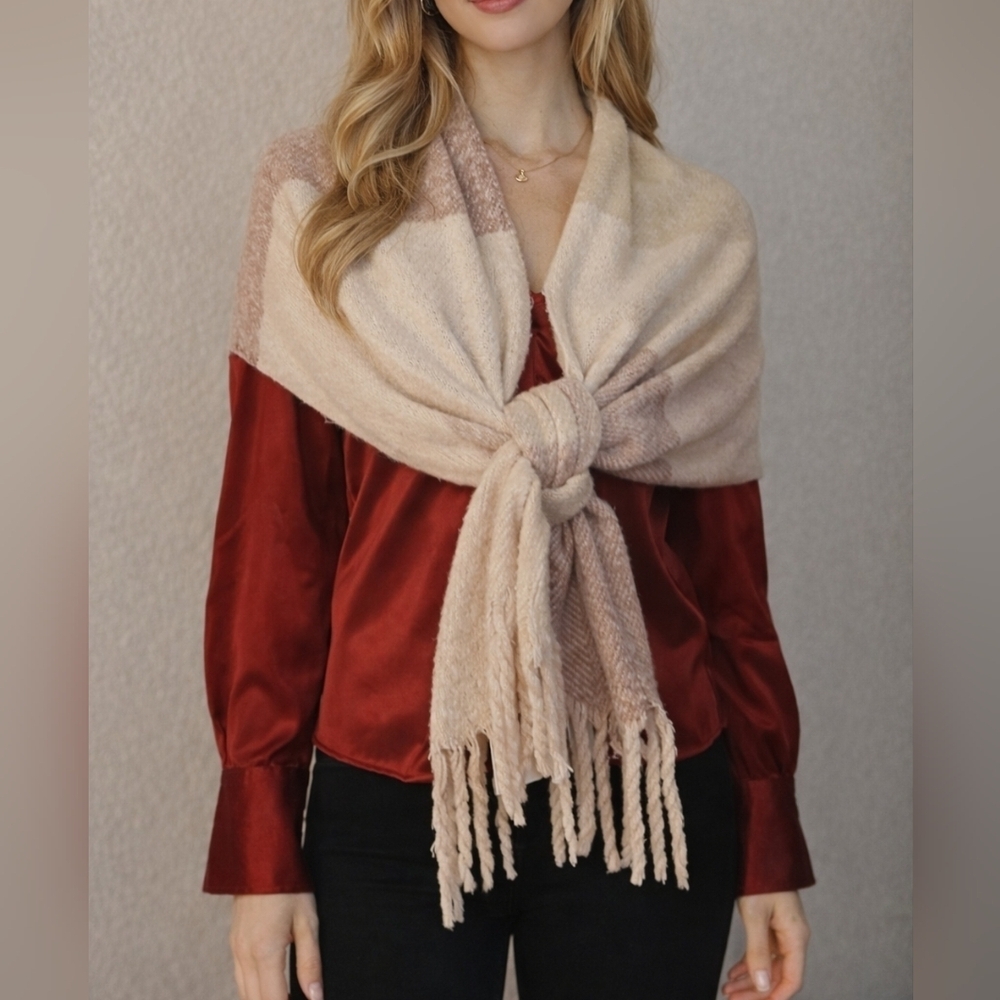 GENTLE FAWN Dusty Pink Color Block Fringe Winter Shawl Scarf